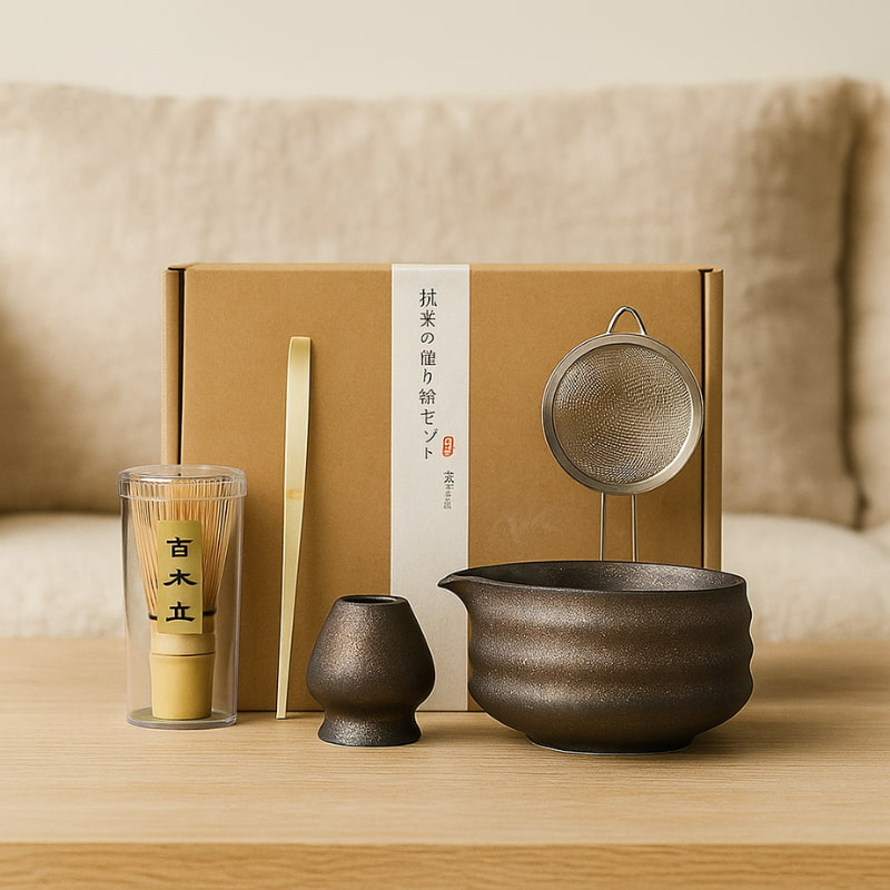 Matcha tea set with a pot, strainer, and other items on a wooden surface.