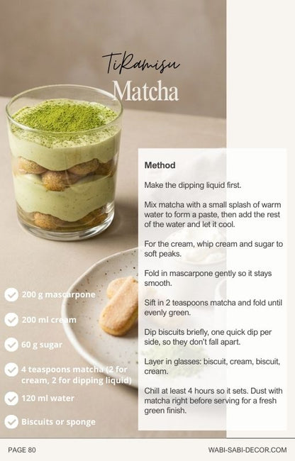 Matcha tiramisu dessert with recipe details on a neutral background