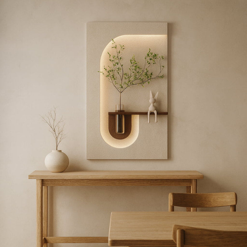 minimal wabi sabi decor​ on a wall with wooden elements.