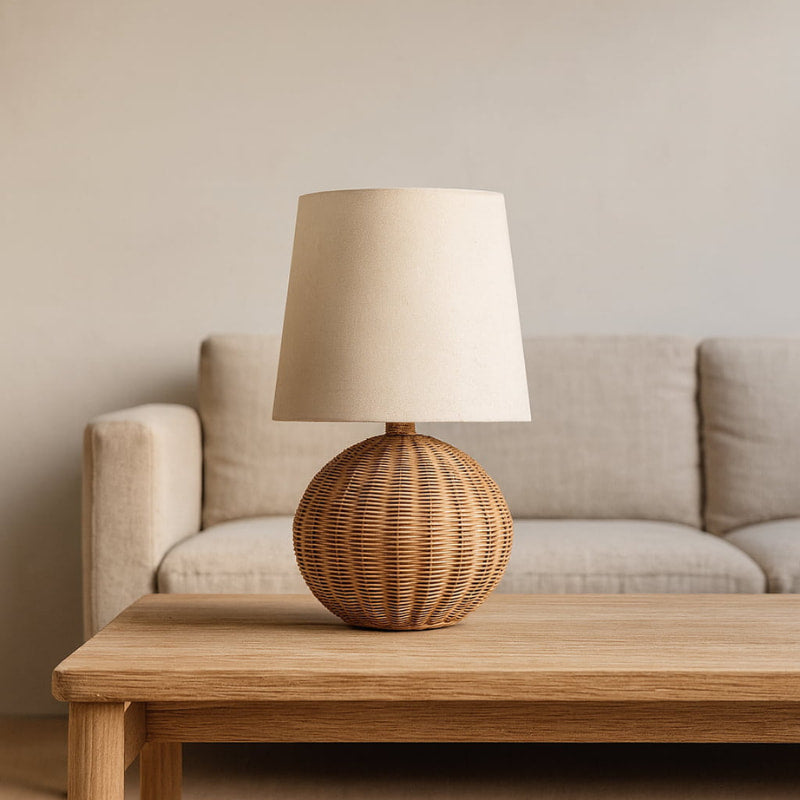 minimalist japandi floor lamp​ on a wooden table in a living room setting