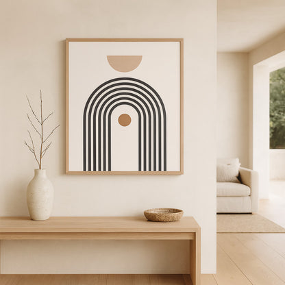 modern african print designs​ on the wall, vase, and bowl on a wooden bench.