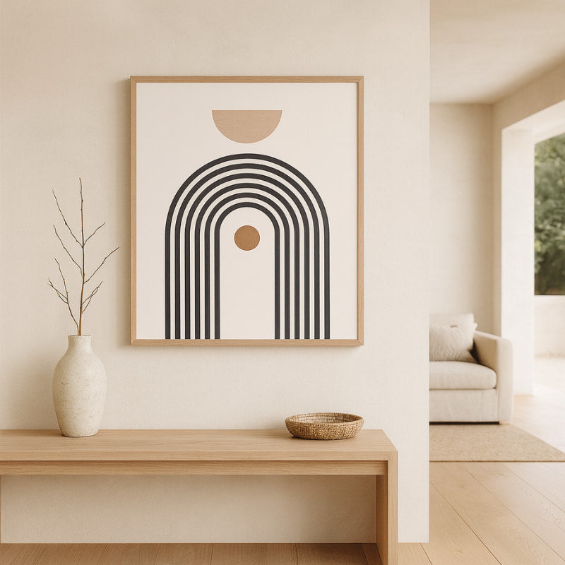 modern african print designs​ on the wall, vase, and bowl on a wooden bench.