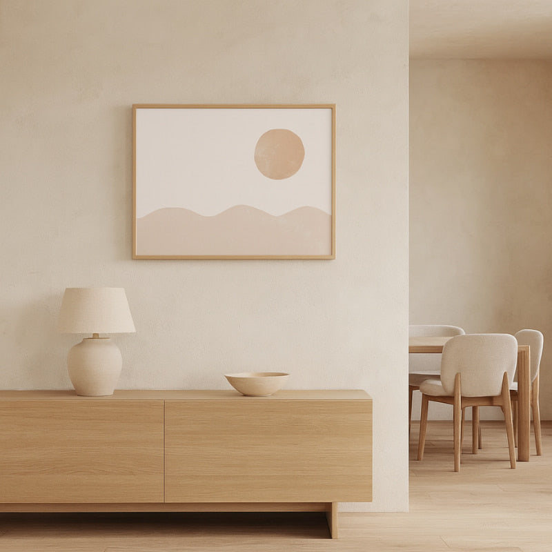 Modern interior with wooden sideboard, lamp, and modern art print sun​ in a minimalistic setting.