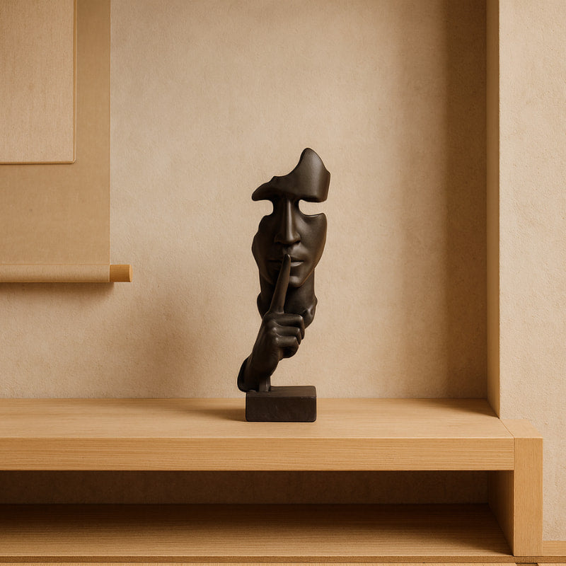 modern art deco living room​ sculpture on a wooden shelf against a beige wall