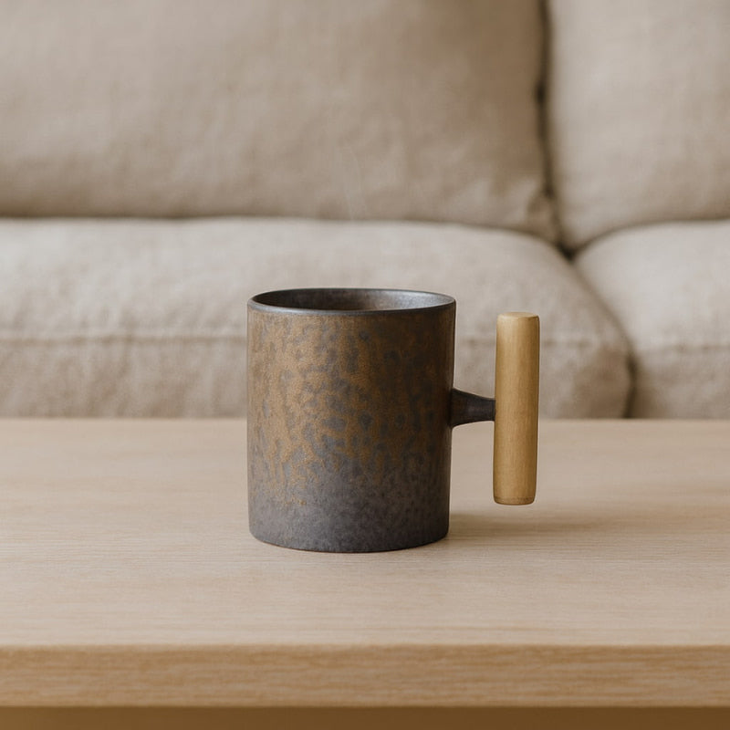 Modern cup design​ with wooden handle on a wooden surface with a beige sofa in the background