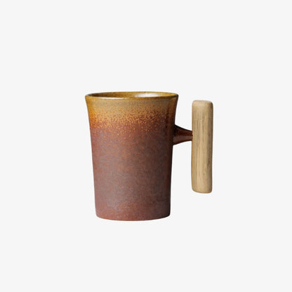 Modern latte mugs​ with wooden handle on a white background