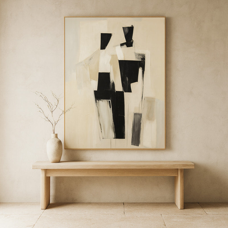 modern living room wall art in a neutral setting with a bench and vase.