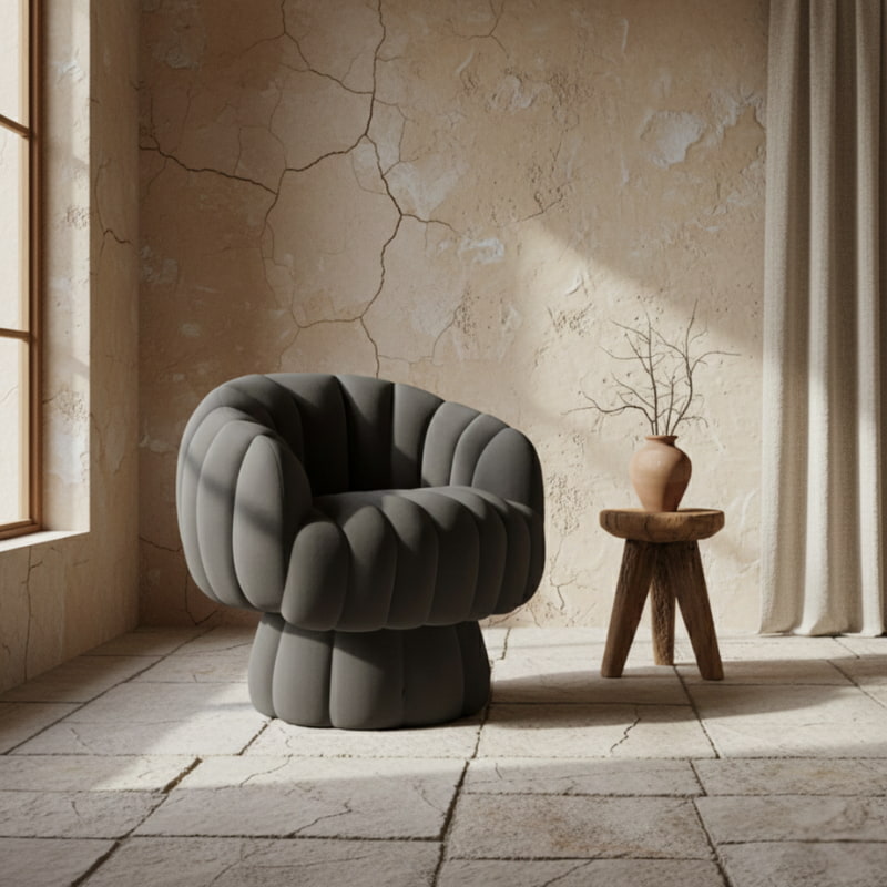 Dark gray swivel modern lounge chair in a room with a wooden stool and vase.
