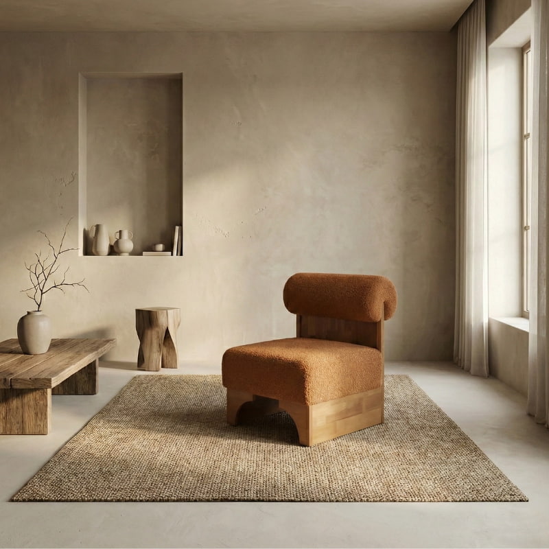 Modern orange lounge chair​ in a minimalistic room with neutral tones
