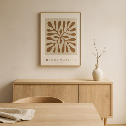 Modern interior with wooden furniture, modern poster print​​, and a vase.