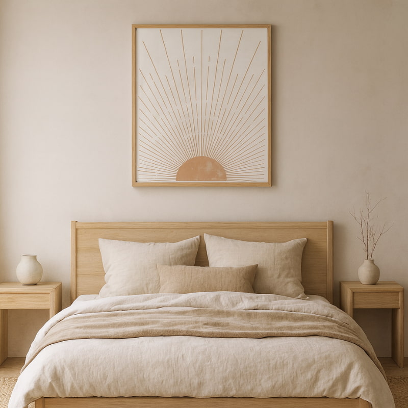 Beige bedroom with wooden bed, nightstands, and modern poster​.