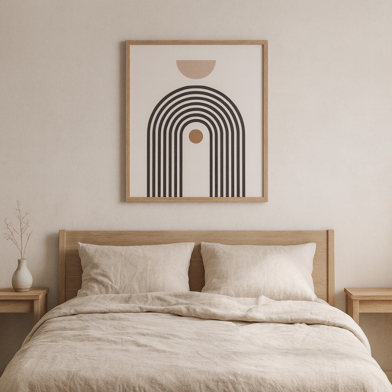 Bedroom with a wooden headboard and modern printed form design​