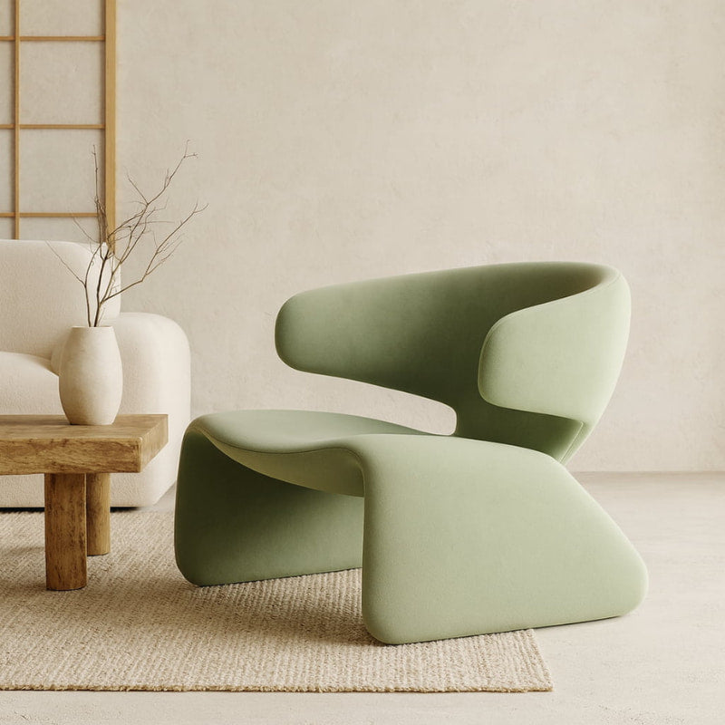 Modern modern wabi sabi interior design chair in a minimalistic living room setting with a neutral color palette.