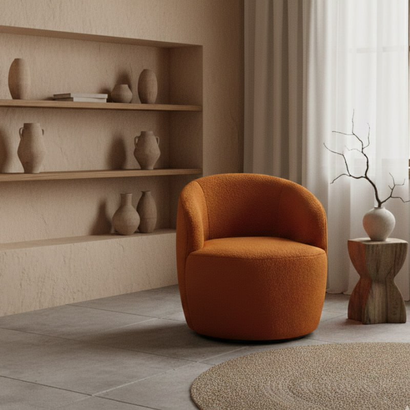 Orange boucle chair in a room with shelves and a small table with a vase.