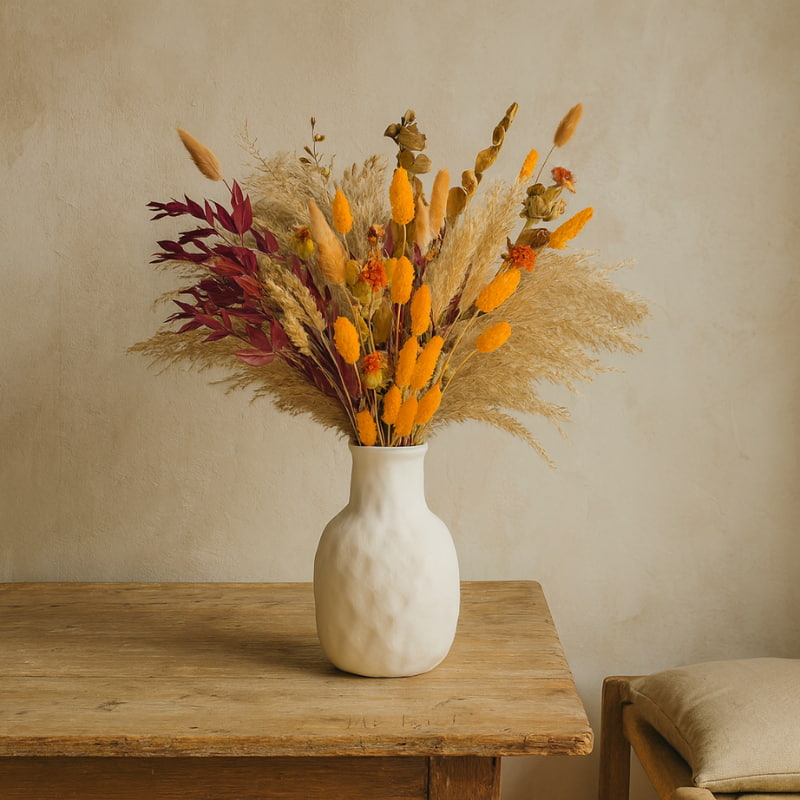White vase with orange flowers​ on a wooden table against a beige wall