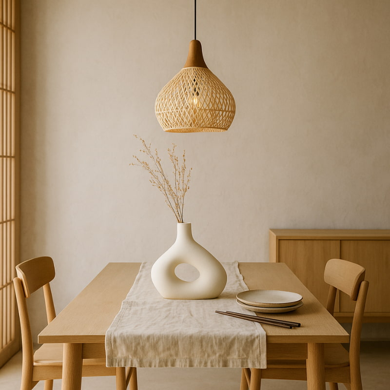 Dining room with wooden table, chairs, and a vase with dried plants under a woven pendant lighting​.