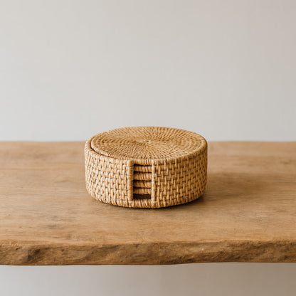 Rattan coaster on a wooden surface with a neutral background