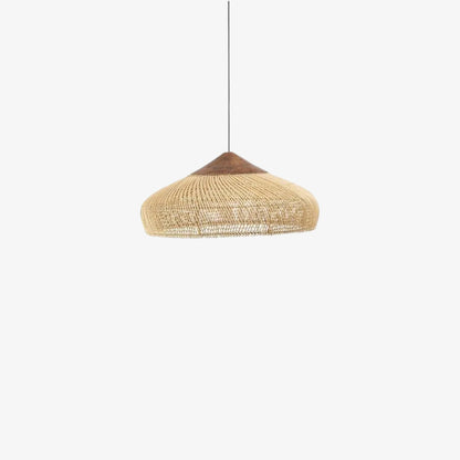 Rattan pendant light wabi sabi​ with wooden base on a white background