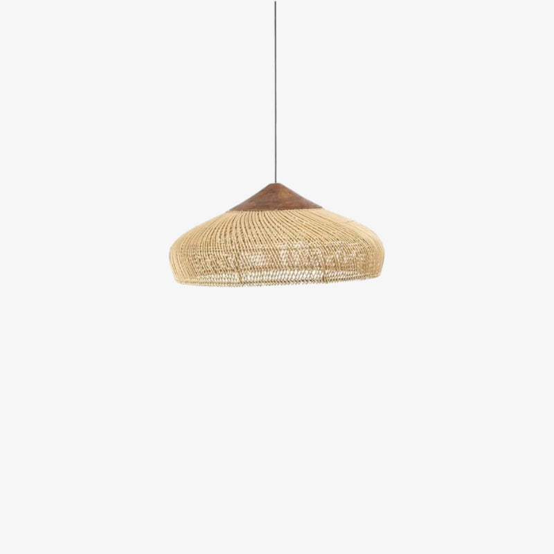 Rattan pendant light wabi sabi​ with wooden base on a white background