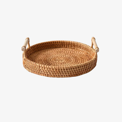 rattan serving tray round​ with wooden handles on a white background