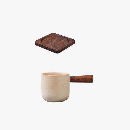 Beige retro cup design​ with wooden handle and dark wood lid on a white background