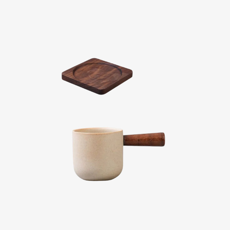 Beige retro cup design​ with wooden handle and dark wood lid on a white background
