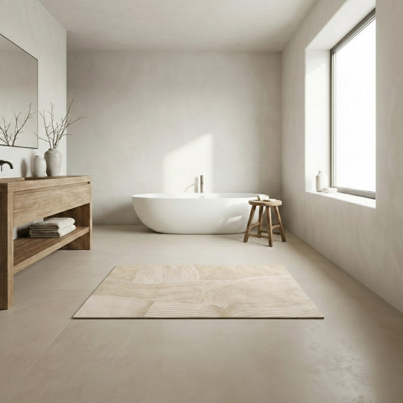 Modern scandinavian wabi sabi bathroom​ with a freestanding bathtub, wooden vanity, and large window.