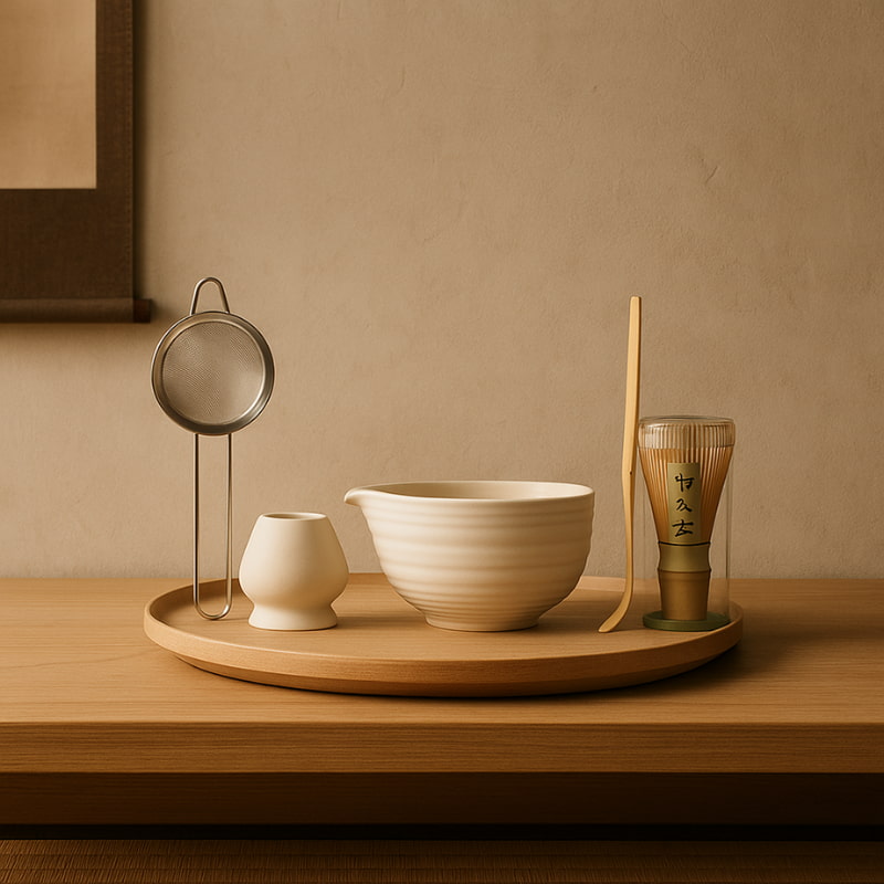 Set for matcha with a bowl, whisk, and other tools on a wooden tray against a beige wall.
