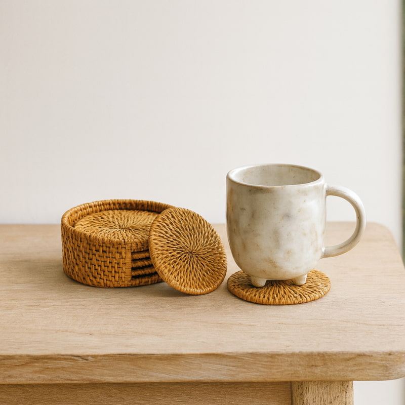 White mug on a set of coasters​ with a basket of coasters on a wooden surface.