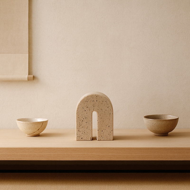Two small ceramic bowls and a larger shelf book holder stone​ on a wooden surface with a beige wall background.