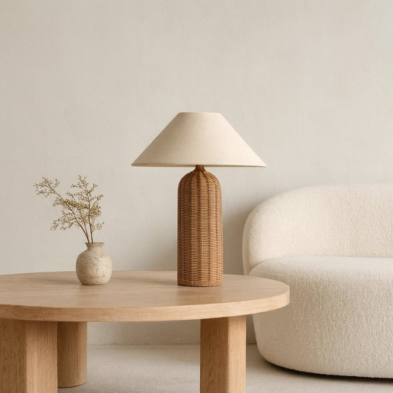 slim japandi floor lamp​ and vase on a wooden table with a neutral background
