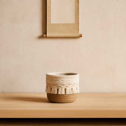 Woven small storage basket​​ with macrame details on a wooden surface against a beige wall.