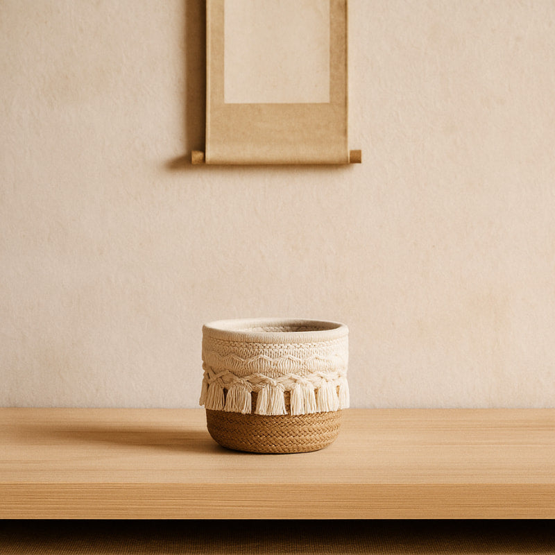 Woven small storage basket​​ with macrame details on a wooden surface against a beige wall.