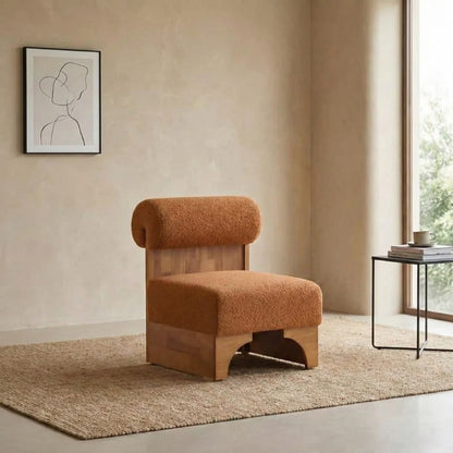 Solid wood accent chair​ in a room with a window and abstract art on the wall