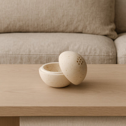 stoner incense burner on a wooden table in a living room. 