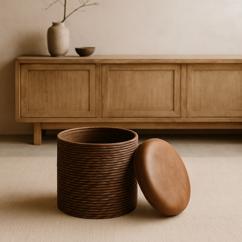 Storage brown ottoman on a beige carpet in front of a wooden cabinet.