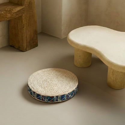 straw chair cushions in a wabi sabi living room