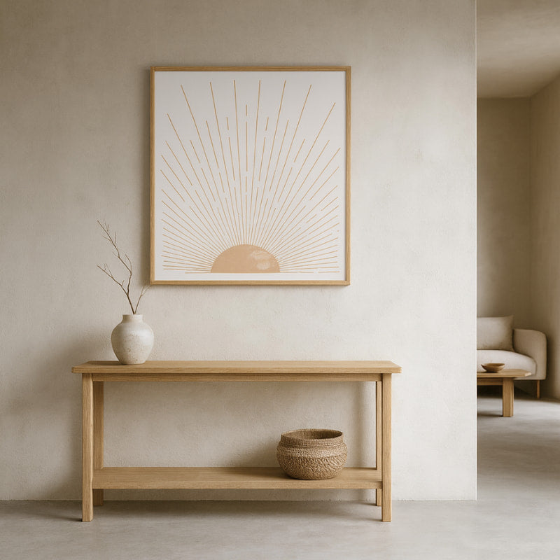 Minimalist interior with a wooden console table, vase, and sun valley printing​.