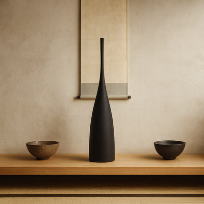 Black tall flower vase and bowls on a wooden shelf with a beige wall background