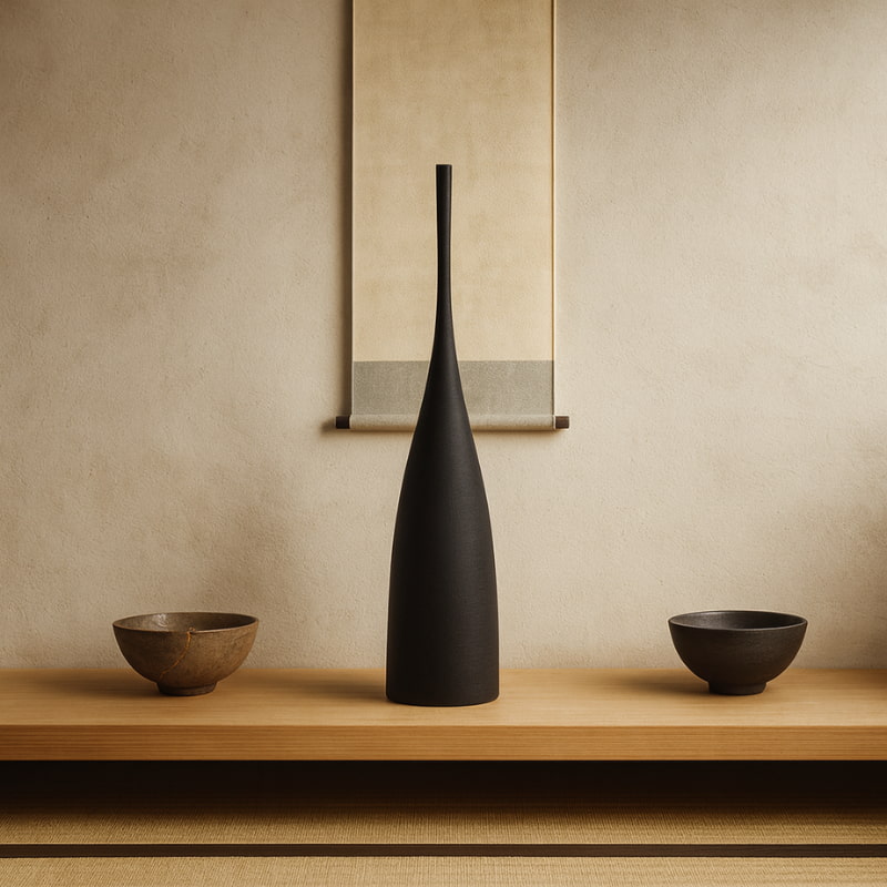 Black tall flower vase and bowls on a wooden shelf with a beige wall background