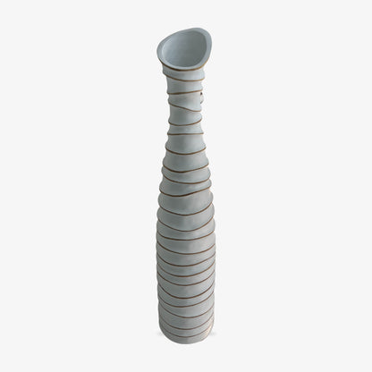 Decorative tall white flower vase with a unique, twisted design on a white background