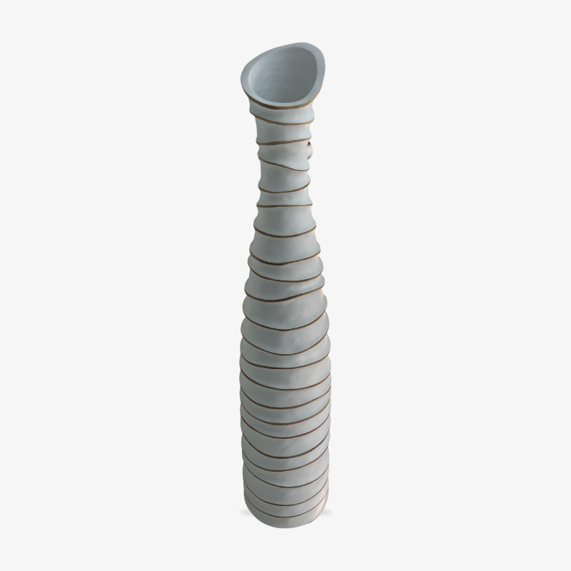 Decorative tall white flower vase with a unique, twisted design on a white background