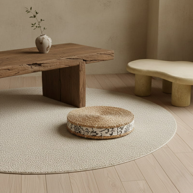 Rustic wooden table with a tea ceremony cushions​ and stone bench in a minimalistic room.