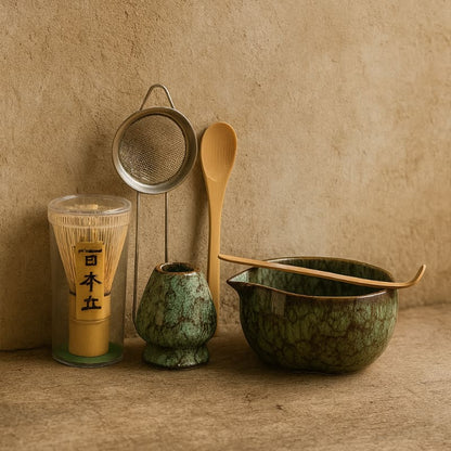 traditional matcha tea ceremony set​ on a textured surface.