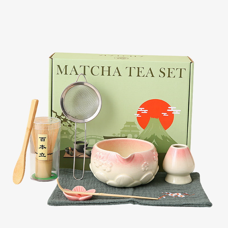 traditionnal japanese tea room​, Matcha tea set with a green box featuring a Japanese design on a white background