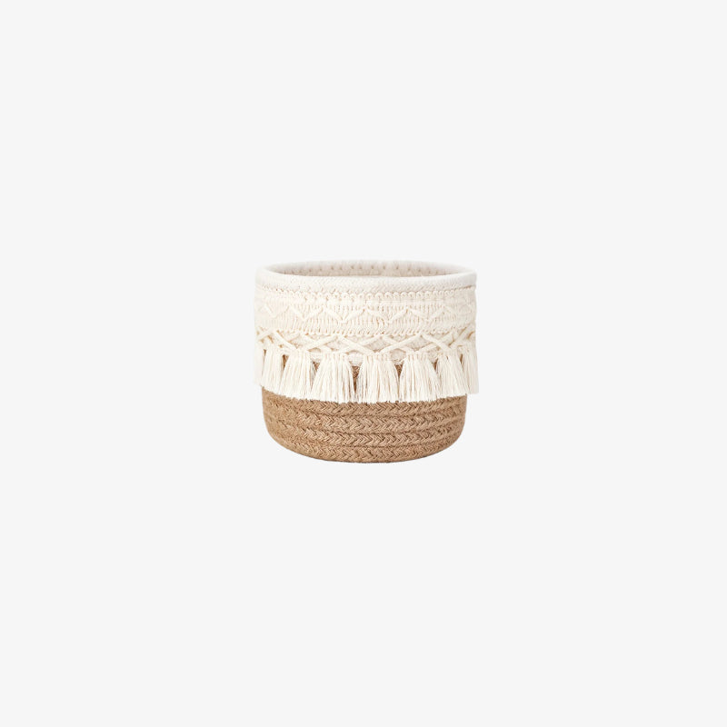 valentines make up basket​ with white crochet top and brown woven base on a white background