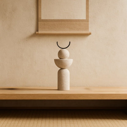 wabi sabi abstract art​ on a wooden shelf with a neutral background