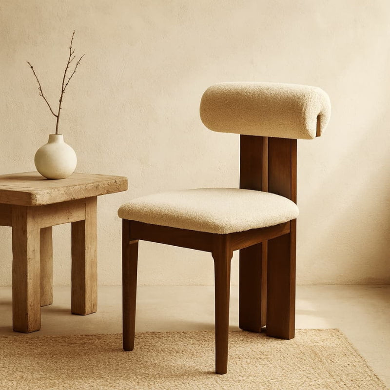 wabi sabi accent chair​​ with beige cushion next to a wooden table with a vase on a neutral background