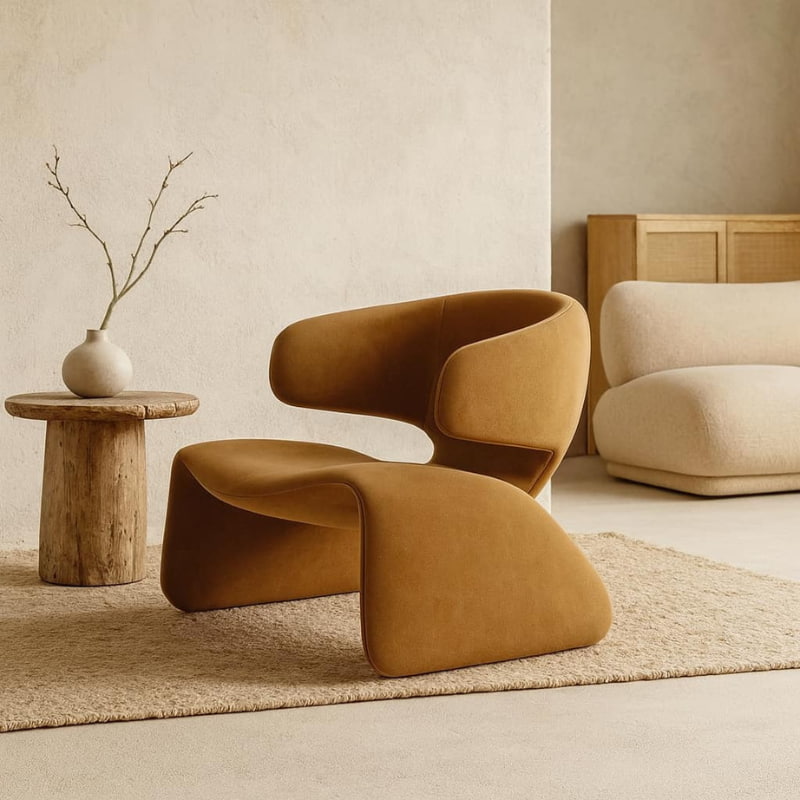 wabi sabi accent modern chair and ottoman in a minimalistic room with a wooden side table and vase.