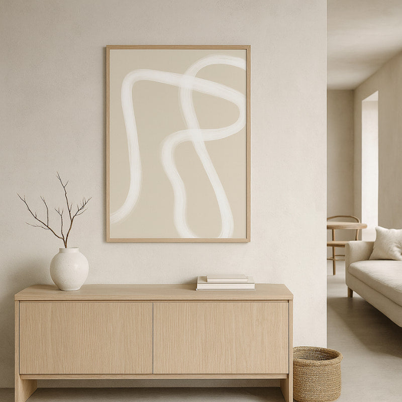 Modern interior with wabi sabi art diy​, wooden cabinet, and neutral decor